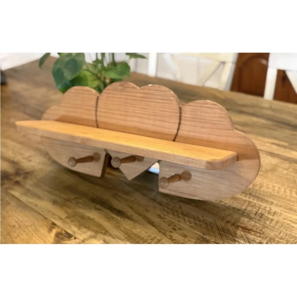 Vintage Solid Wooden Heart Shelf with 3 Peg Hooks 21” Beautiful Piece